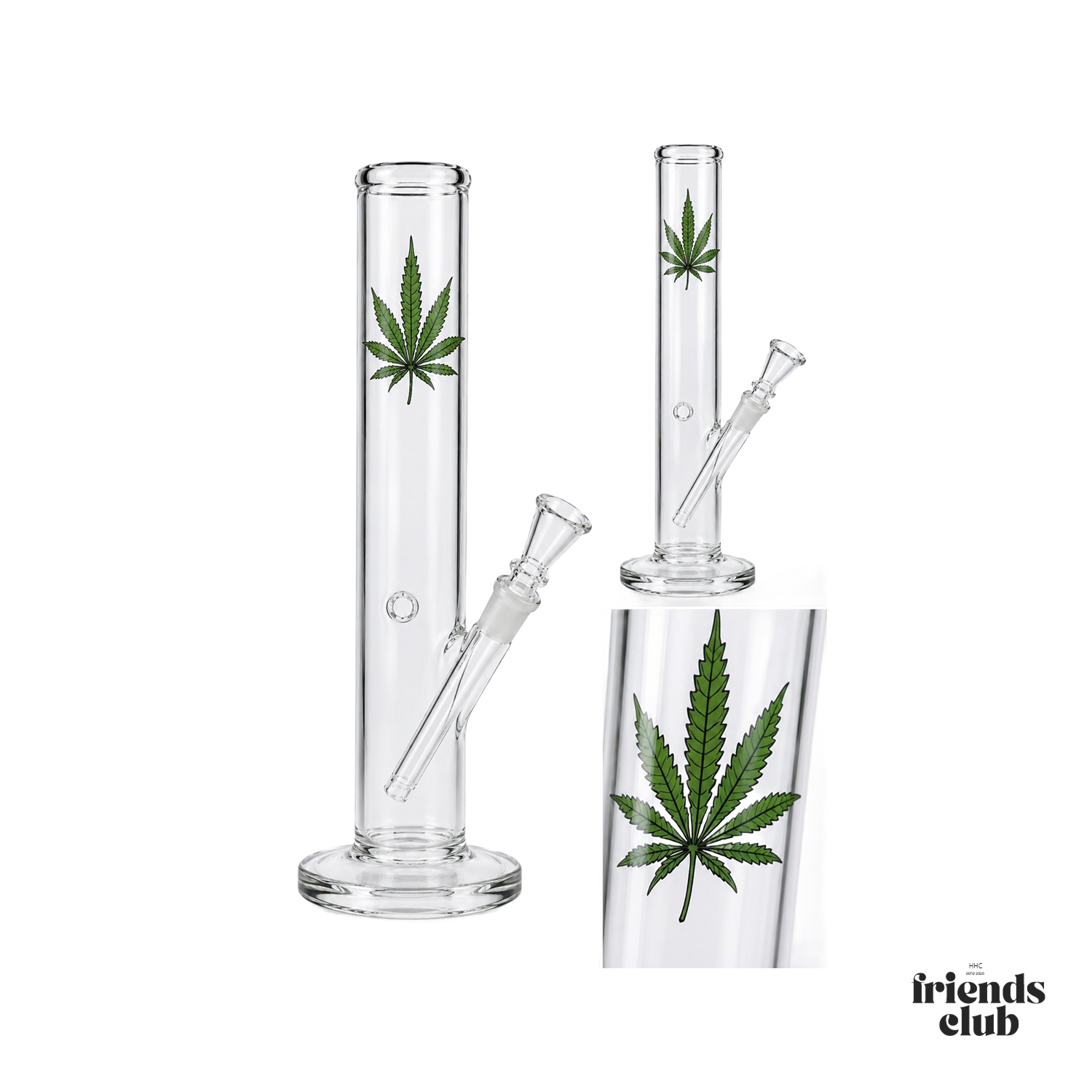 Glas Bong 40 cm – Straight Tube mit Hanfblatt & Kickloch