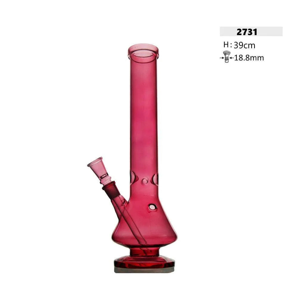Bong de vidrio color rubí cilíndrico con barriga H: 39cm con hielo y agujero kick