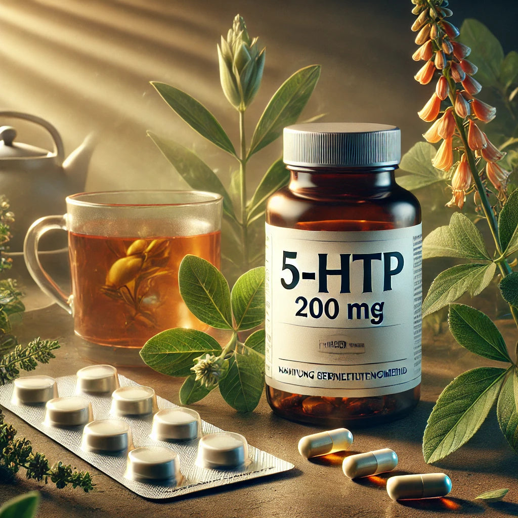 Imaginează-ți o sticlă de supliment alimentar 5-HTP cu o etichetă clară pe care scrie „5-HTP 200 mg”