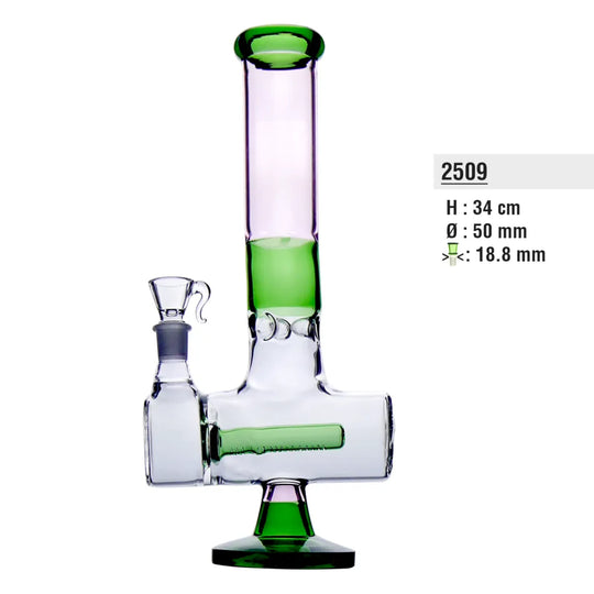 Bong din sticlă verde/roz cu bază 35 cm