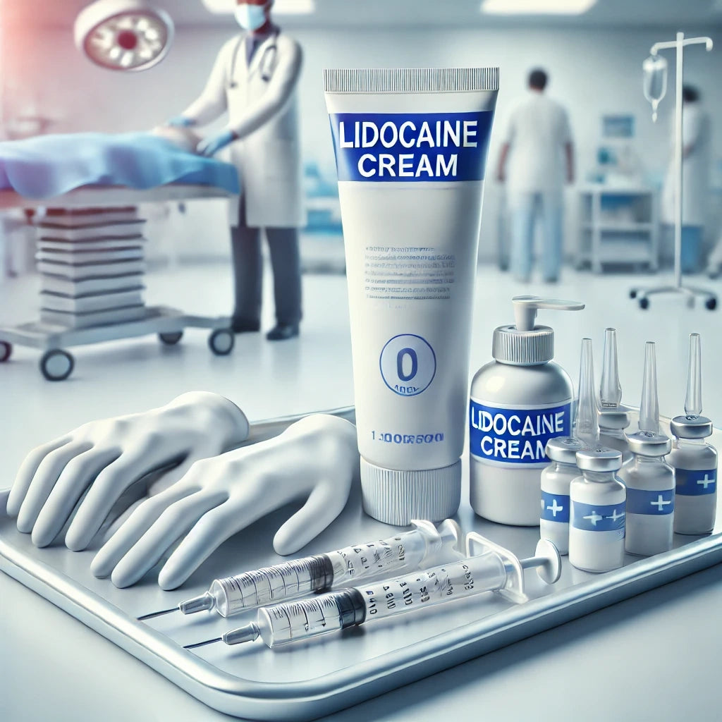 O tavă medicală cu un tub de cremă cu lidocaină, înconjurată de instrumente sterile precum seringi și mănuși, într-un mediu de spital cu un medic neclar în fundal.