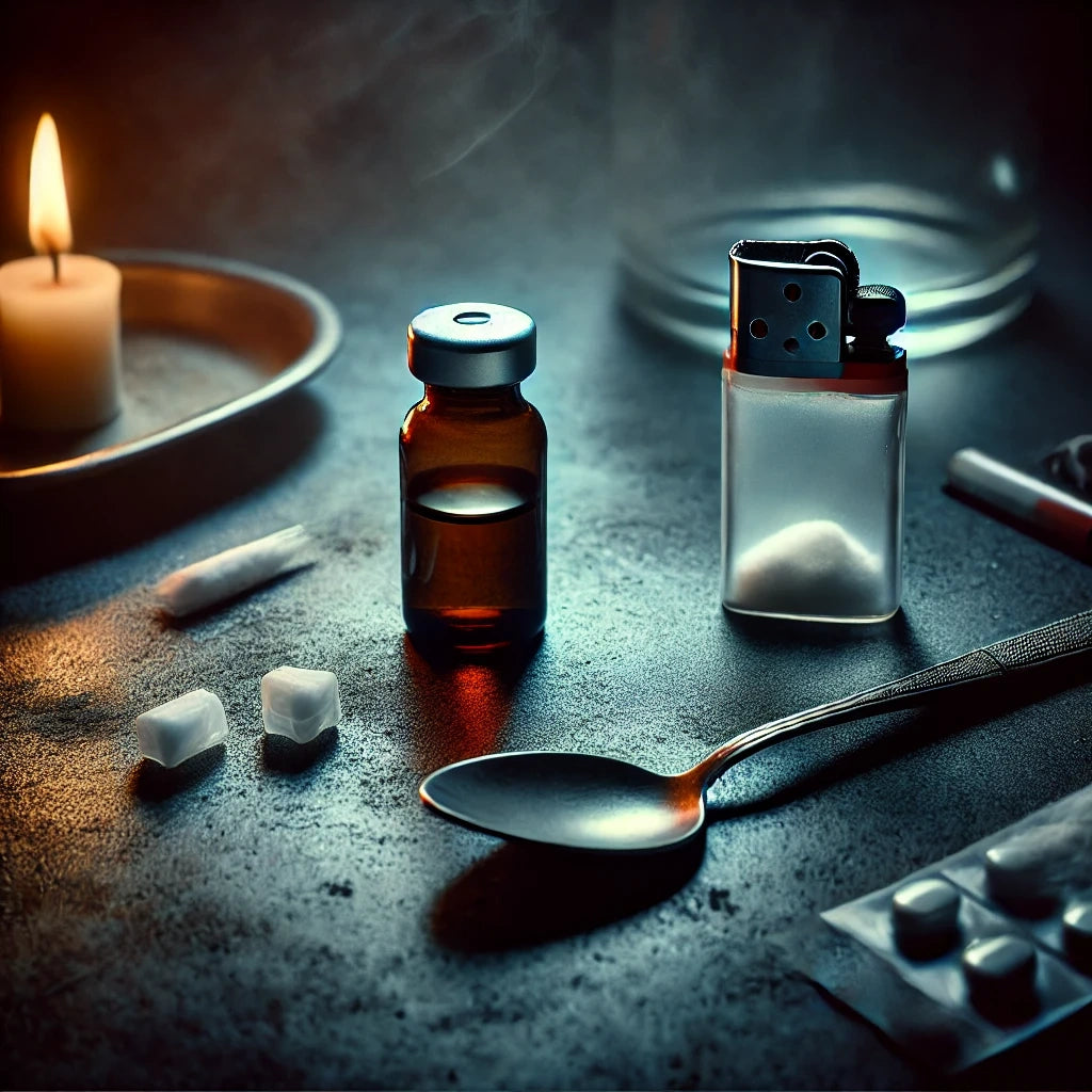 O reprezentare sumbră a abuzului de Lidocaină ca drog, cu o sticluță mică de Lidocaină lângă o lingură și o brichetă pe un fundal întunecat.