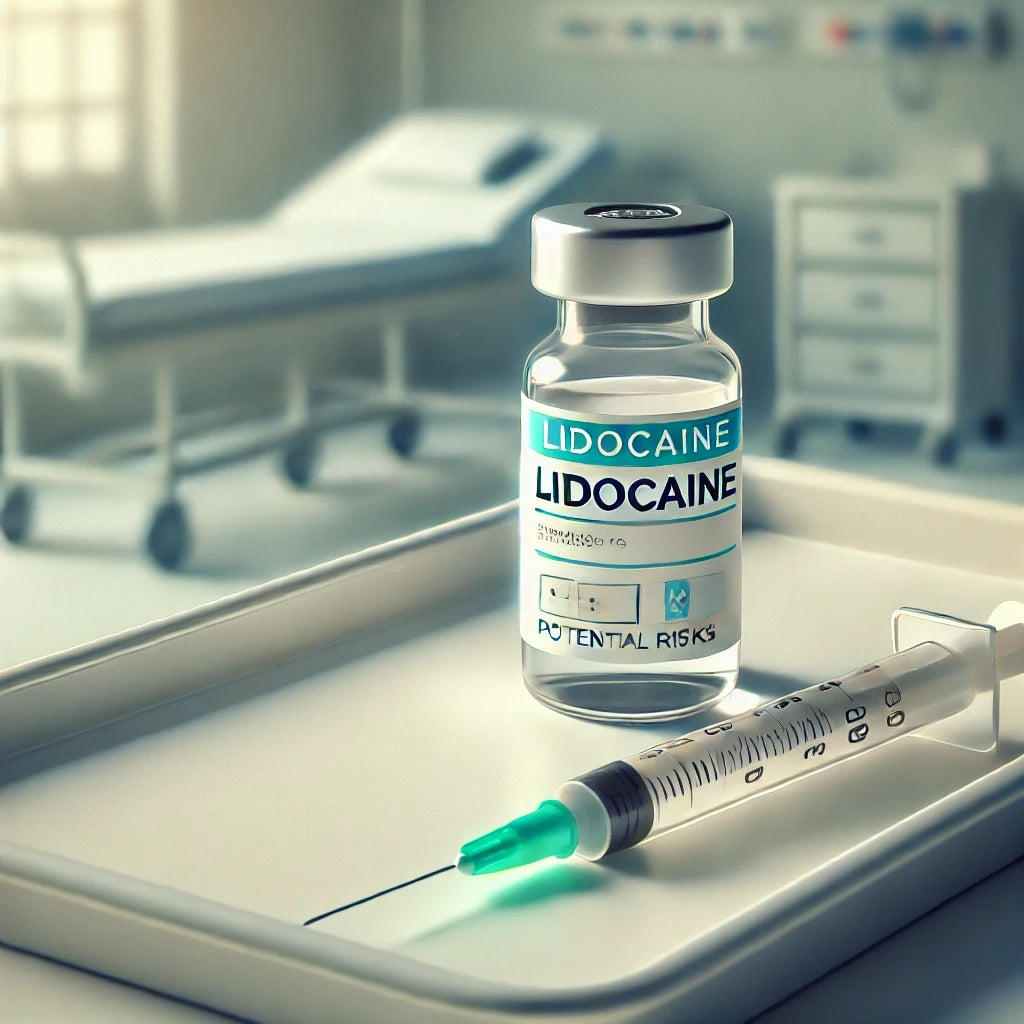 O tavă medicală cu o fiolă de lidocaină și o seringă, însoțite de o etichetă de avertizare, pe un fundal discret într-un spital.