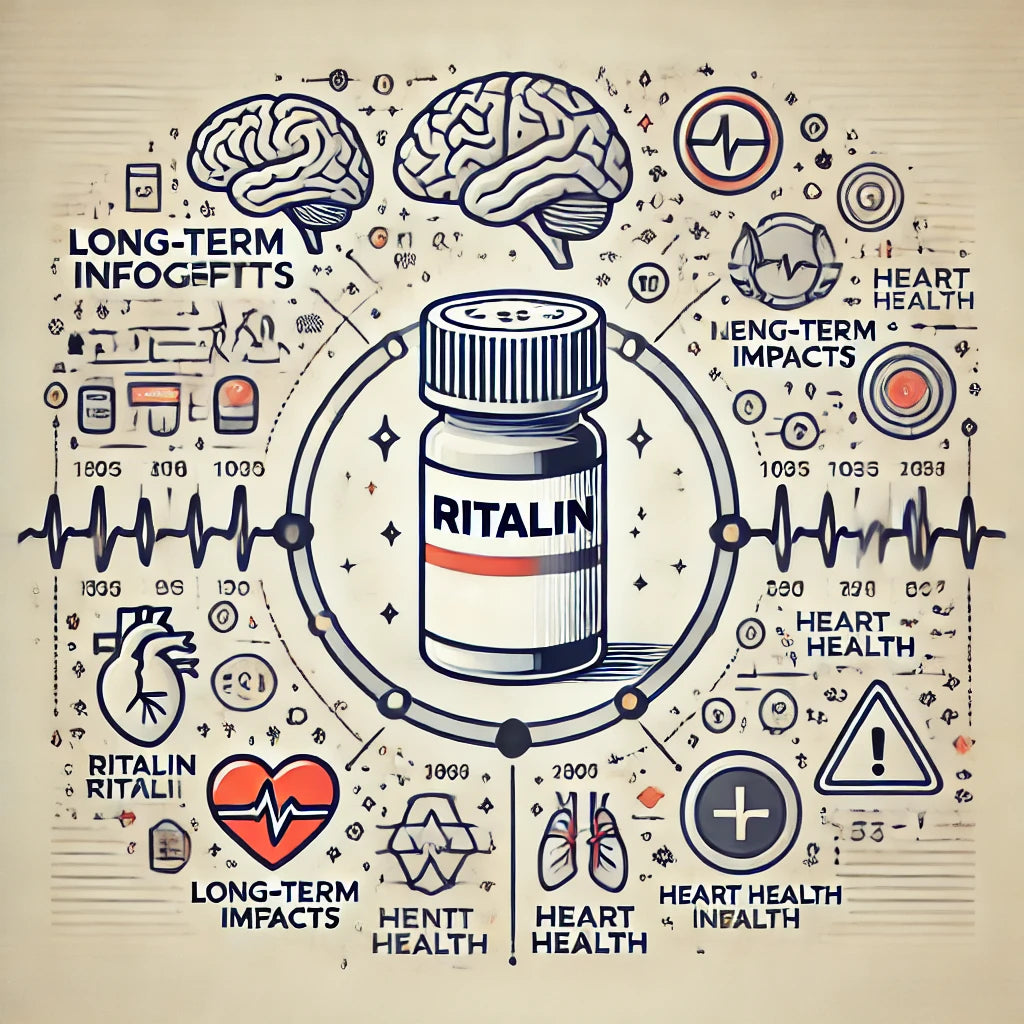 Infografic despre efectele pe termen lung ale Ritalinului, cu o sticlă de medicament centrală, înconjurată de simboluri precum un creier, sănătatea inimii și o axă temporală care se estompează, în stil profesional, similar cu imaginea de titlu.