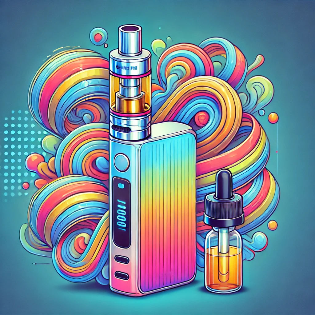 Grafică 2D colorată a unui RandM Tornado 7000 Vape-Pen cu vârtejuri abstracte de fum curgătoare și o sticlă de E-lichid în prim-plan.