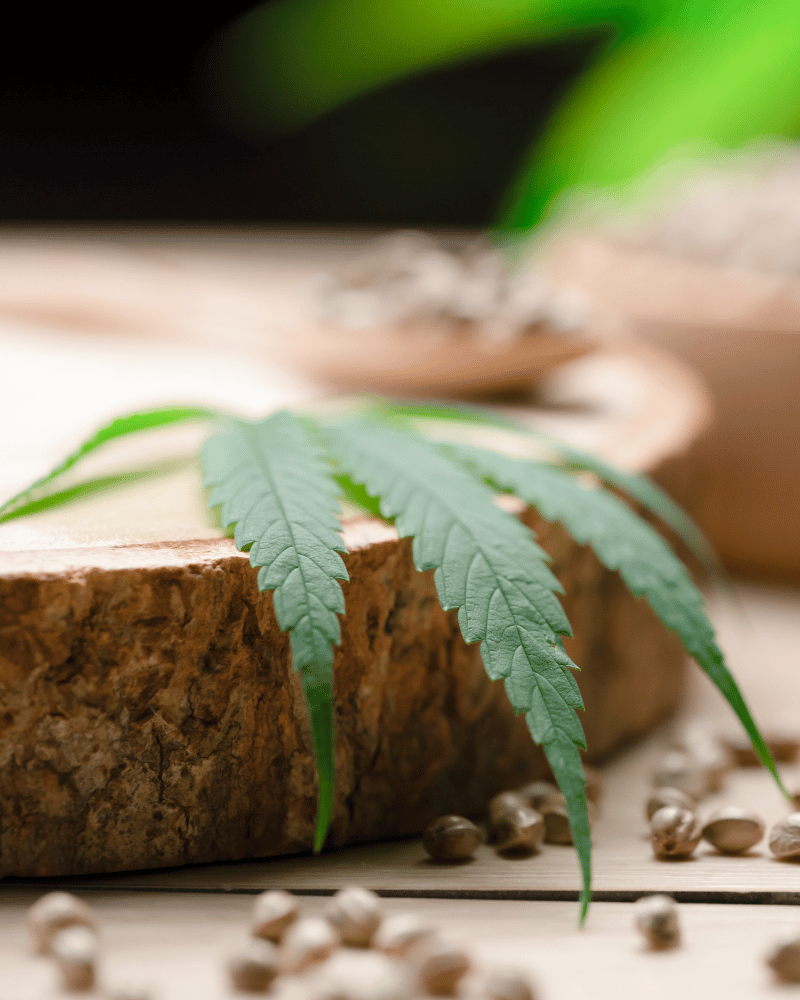 Hennepzaden en een hennepblad op een houten plank