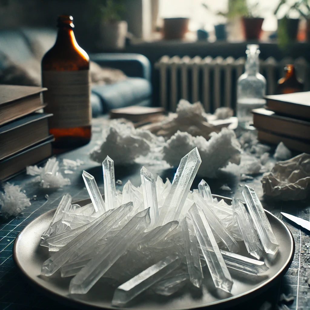 Cristale pe o farfurie într-o cameră dezordonată