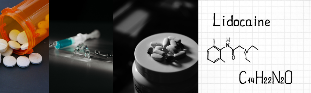 Un colaj din diverse reprezentări medicale: o sticlă cu pastile, o seringă, un prim-plan cu comprimate pe un capac și o formulă structurală chimică a lidocainei.
