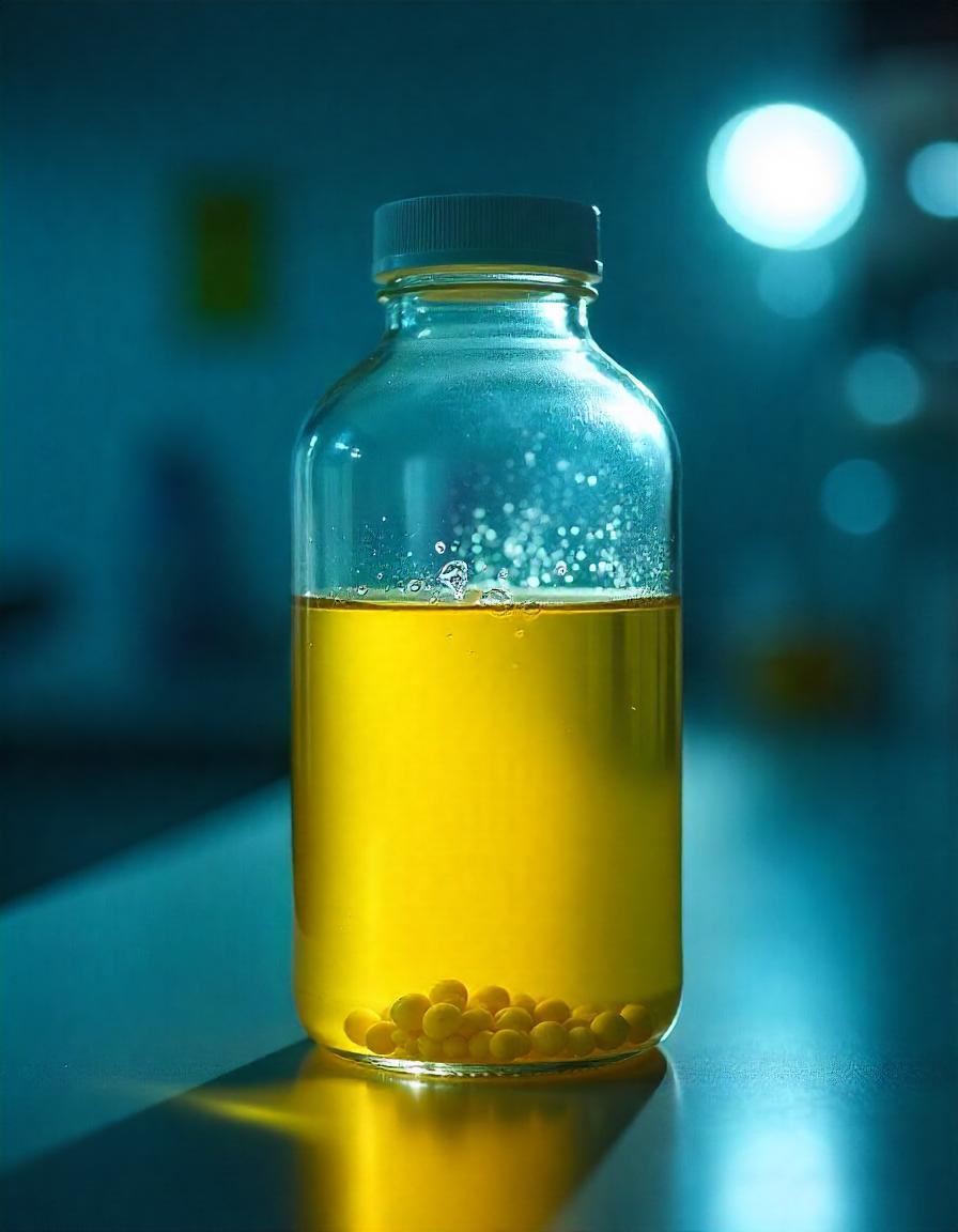 Sticlă cu urină artificială pentru teste antidrog, vizibilă într-un ambalaj transparent.