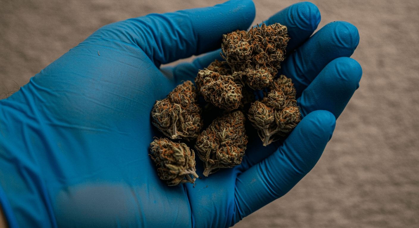 Muguri Mimosa x Orange Punch în mână. Mănuși de latex albastre. Tulpină de canabis Mimosa x Orange Punch