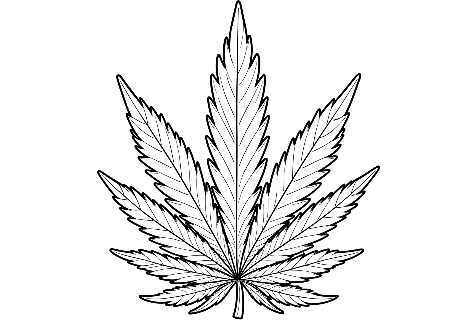 Black-and-white illustration of a detailed cannabis leaf with symmetrical, serrated leaves on a white background.