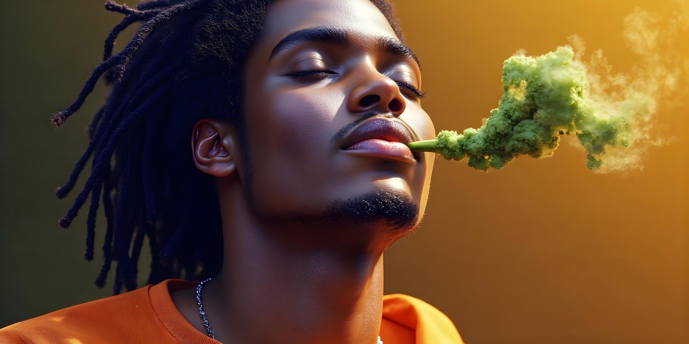 Portret al unui tânăr cu ochii închiși și dreadlocks, care expiră relaxat fum verde, pe un fundal cald, auriu.