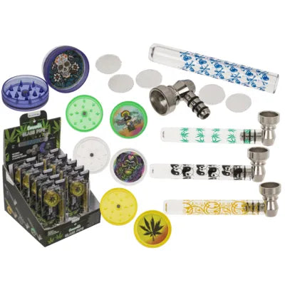 Pipă din sticlă cu cap din metal, inclusiv grinder și site, aprox. 9 cm