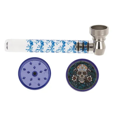 Pipă din sticlă cu cap din metal, inclusiv grinder și site, aprox. 9 cm