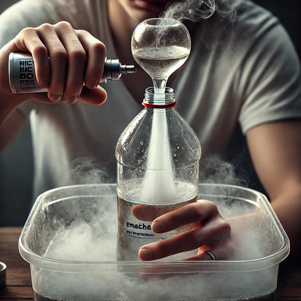 Gravity Bong în acțiune: O sticlă de plastic în recipientul cu apă, cu fum care se ridică, gata de inhalat.