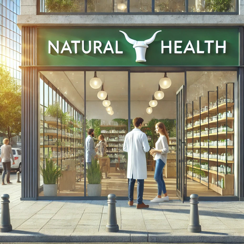 Farmacie modernă cu firmă verde și fațadă din sticlă pe o stradă însorită din oraș