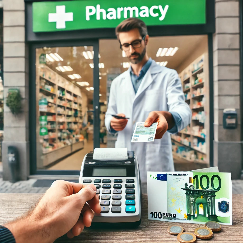 Clientul plătește într-o farmacie modernă cu bancnote și monede euro