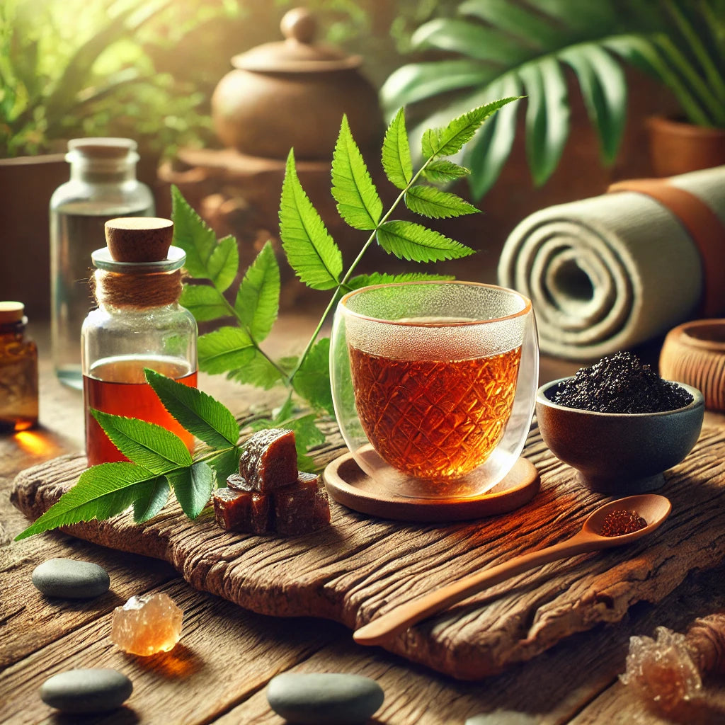 Ceai Shilajit pe o tavă de lemn cu rășină Shilajit, linguriță, frunze verzi, saltea de yoga și sticlă de apă în fundal, în lumina caldă a soarelui