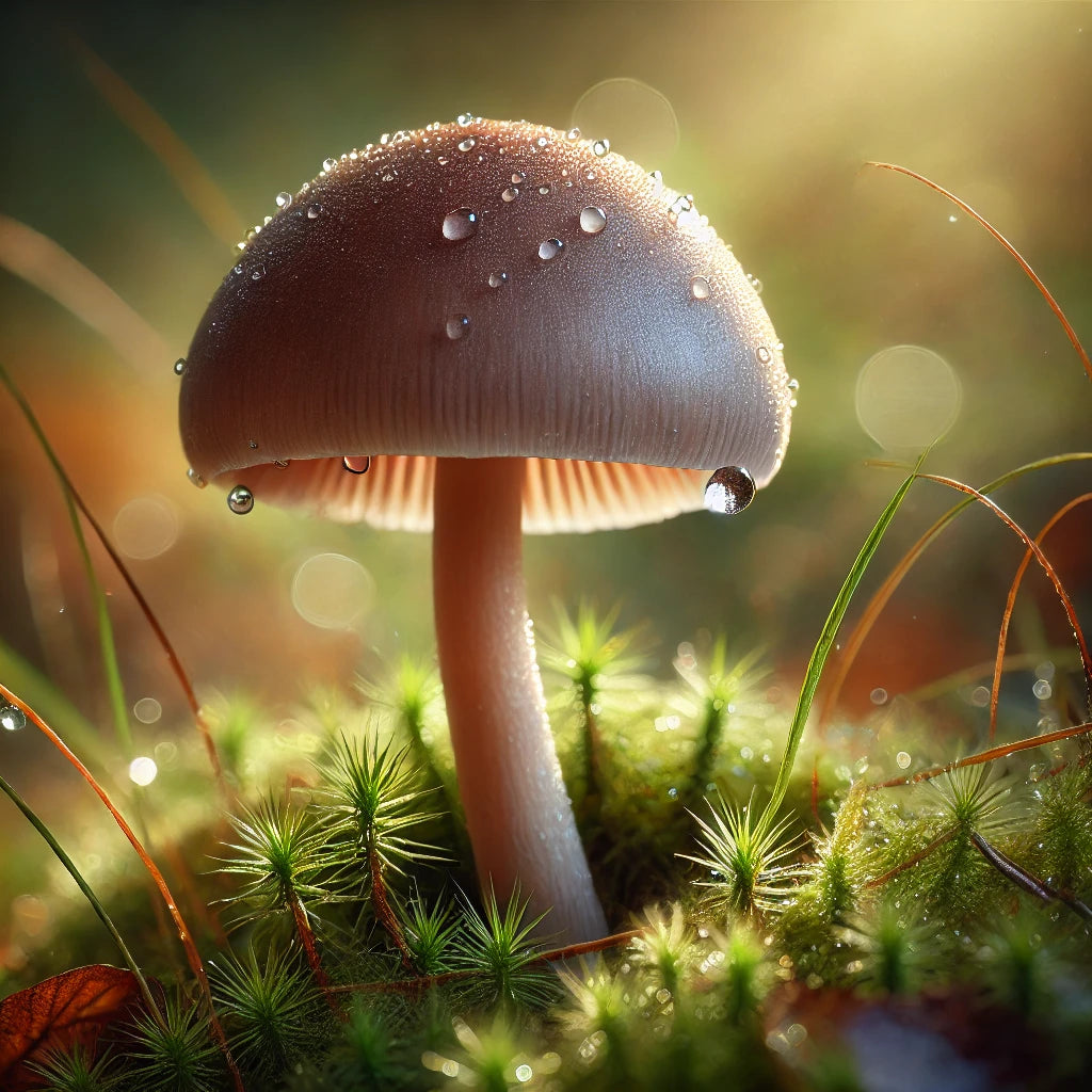 Imaginea ciupercii Kahlkopf cu vârf ascuțit, așa cum crește pe o pajiște umedă, printre mușchi și picături de rouă