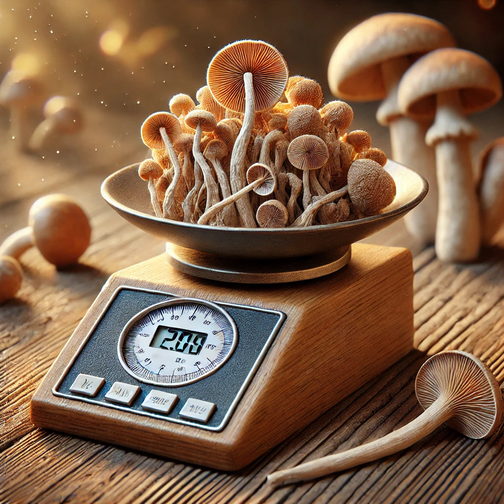 ciuperci uscate pe un cântar, într-un decor natural, pământiu