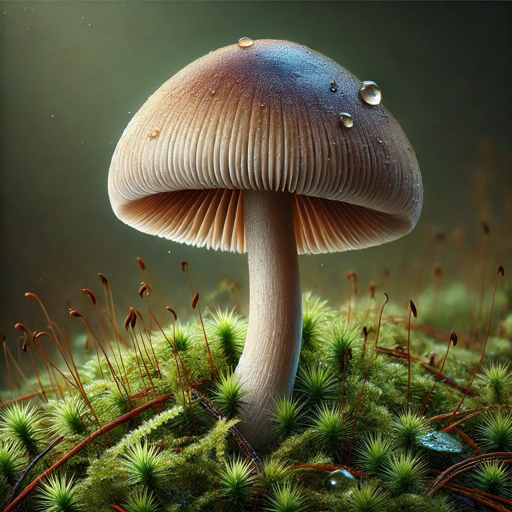 caracteristicile tipice ale pălăriei spitzkegeligen Kahlkopf sunt bine vizibile: pălăria ascuțită și netedă, lamelele închise la culoare și piciorul subțire, ușor curbat