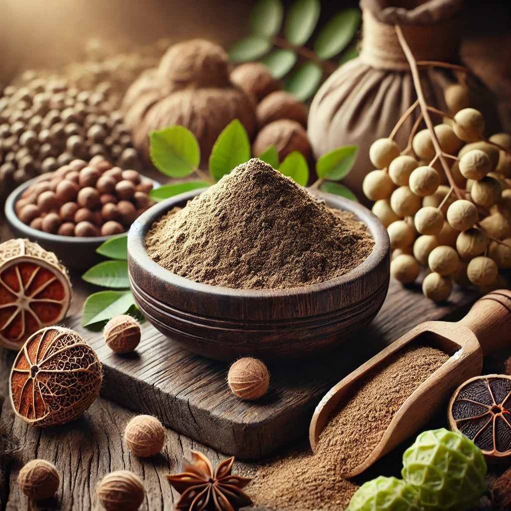 Bol cu pulbere Triphala, două capsule deschise cu pulbere care se scurge și cele trei fructe Amalaki, Bibhitaki și Haritaki